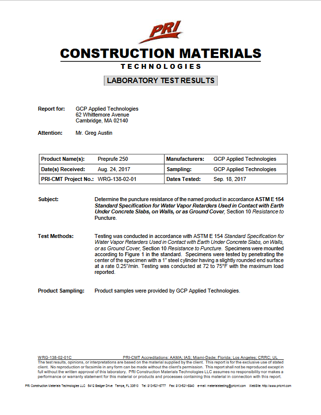 Preprufe 250 Puncture resistance report - ASTM E 154 dokumentum előnézetu képe