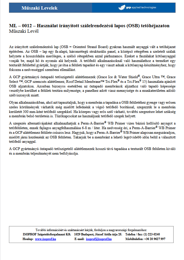 ML-0012 IWS használata irányított szálelrendezésű lapos (OSB) tetőhéjazaton (műszaki levél) dokumentum előnézetu képe