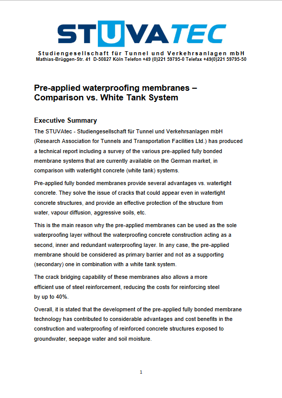 Pre-applied waterproofing membranes – Comparison vs. White Tank System dokumentum előnézetu képe